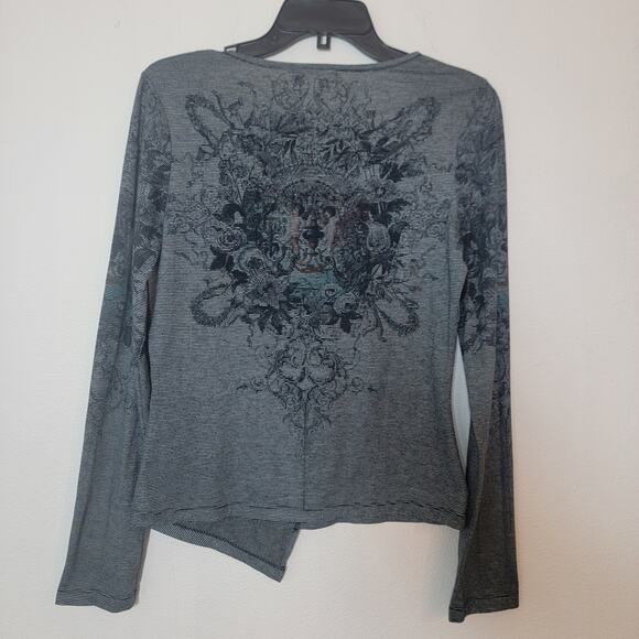 Alberto Makali Stripe Gray Black Long Sleeve Shirt‎ Top Rhinestone Asymmetrical - Picture 2 of 5
